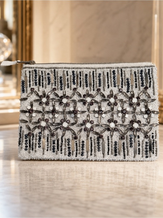 Anthropologie Handbags - Anthropologie Silver Beaded Crystal Floral Zipper Pouch/ Bag